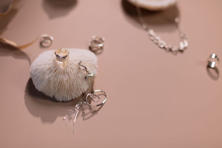 Bagues, boucle d'oreille et collier en argent posés sur un fond rose